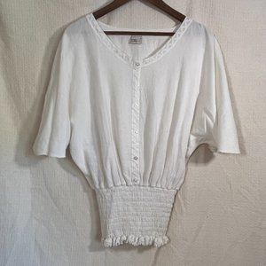 100% Cotton White Butterfly Sleeves Shirred Top With Embroidery in Size L